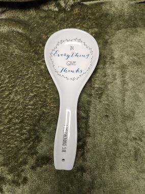 White Ceramic Spoon Rest with Blue Script Message